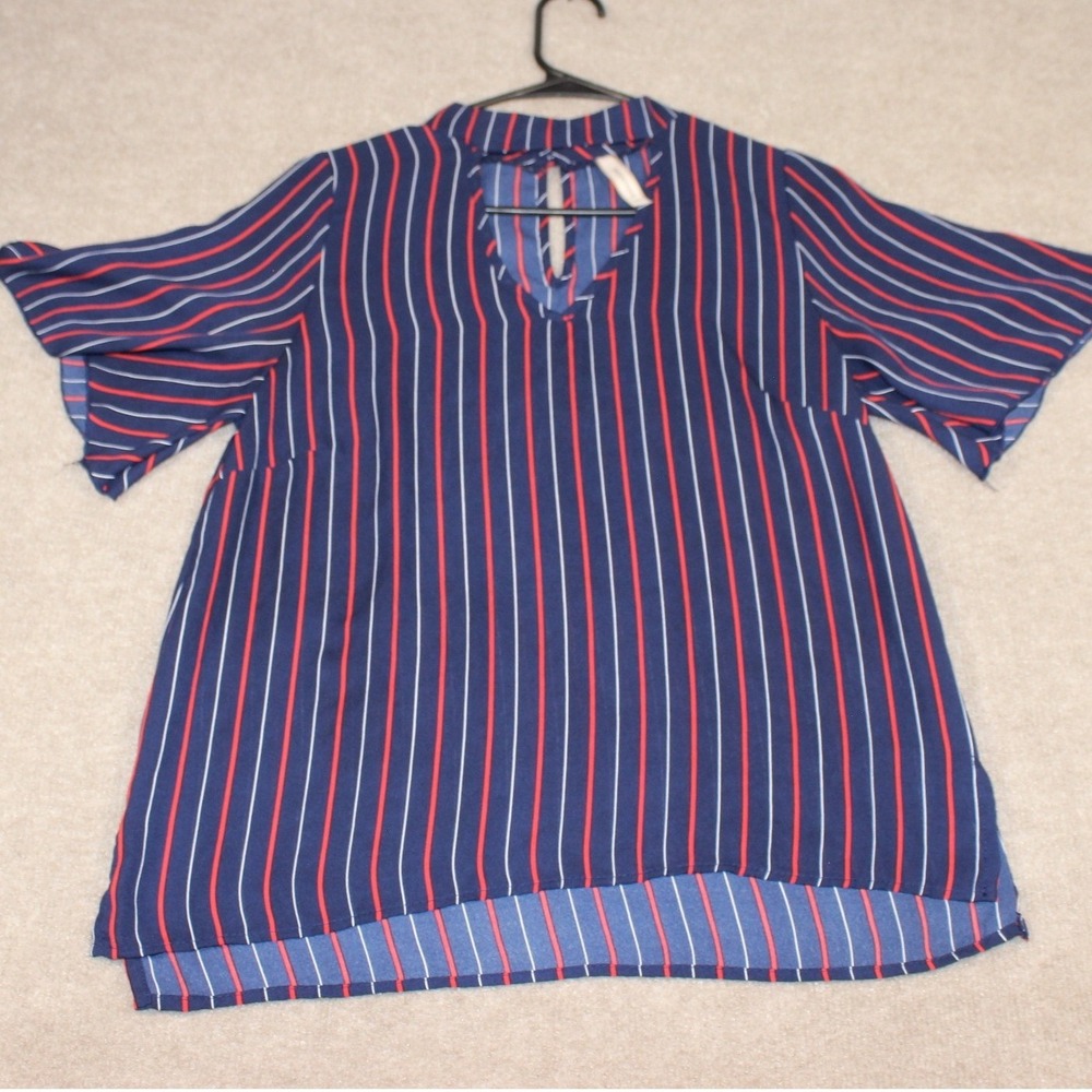 Peppermint USA Navy Blue Red White Striped Choker Neck Cutout Blouse Top L